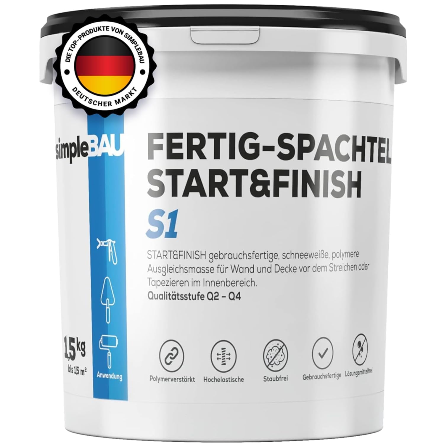 simpleBAU Spachtelmasse Weiß Innen 1,5 kg – Gebrauchsfertige Fertigspachtel für Wand & Decke, Polymer-Spachtelmasse Start&Finish – Glätten, Füllen & Reparieren, Staubfrei & Leicht Schleifbar