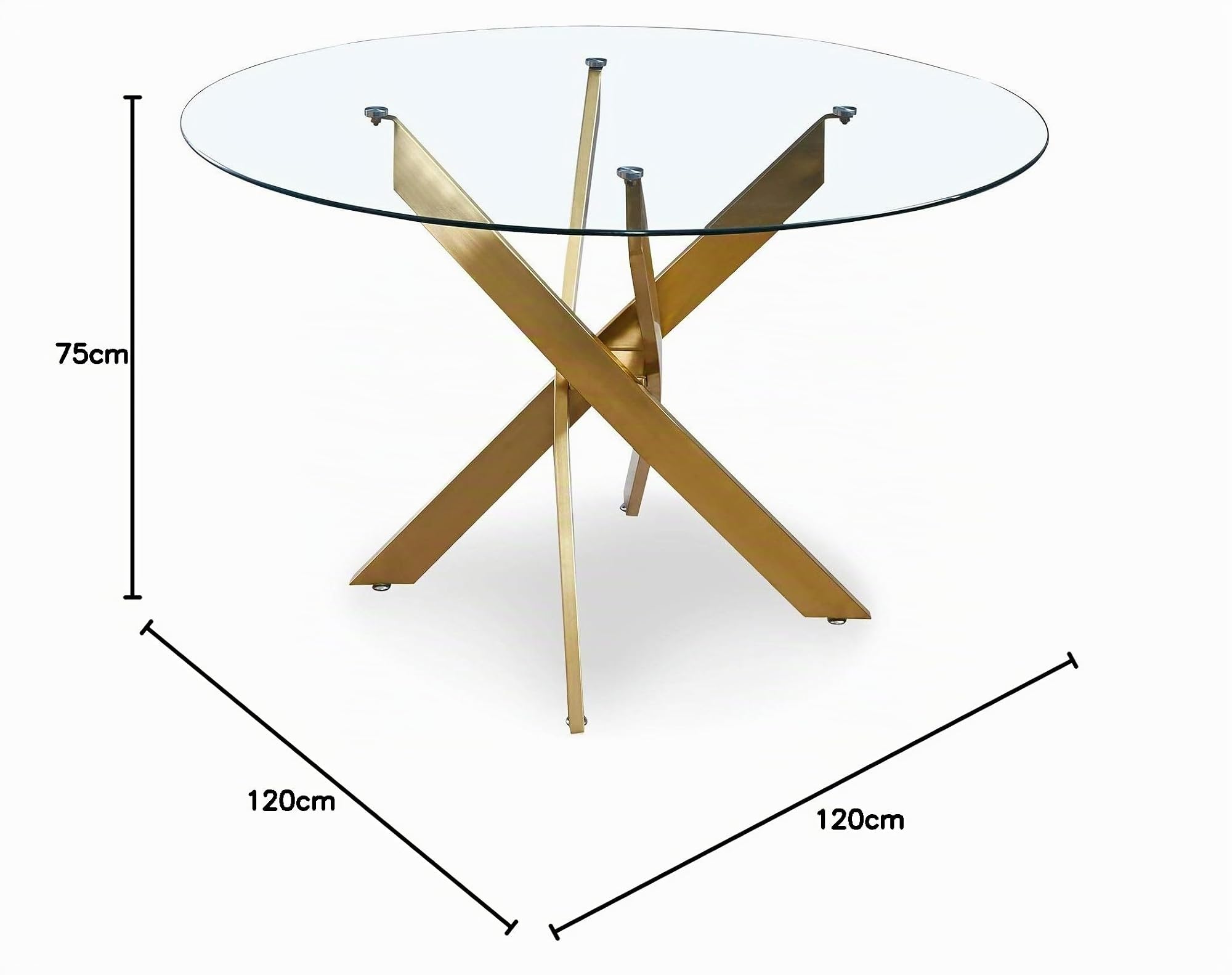 Menzzo Table Ronde Corix Ø120 x H75 cm avec Plateau Verre Transparent 8 mm et Pieds Dorés et – Design Moderne Chic pour Cuisine, Salon ou Séjour