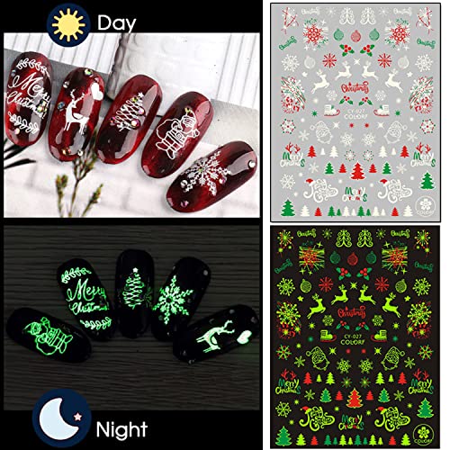 Christmas Nail Art Stickers Decals, Holographic Winter Luminous Nail Adhesive Sticker Design, Snowflake Elk Xmas Tree Nail Decal Supplies For Women Manicure Charms Decoration, Diy Resin Nail Art Tips #TOP4