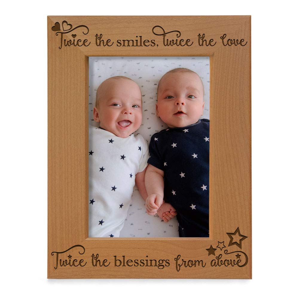 KATE POSH - Twice The Smiles, Twice The Love, Twice The Blessings from Above - Engraved Natural Wood Photo Frame - Twins Picture Frame, Twins Gifts