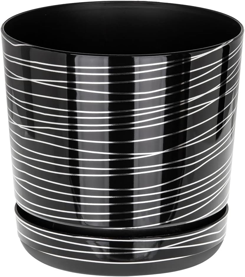 KORAD Black with Silver Stripes flower indoor plant pot with saucer plastic gloss modern decorative planter with drainage holes (16cm - 6.3 inch)