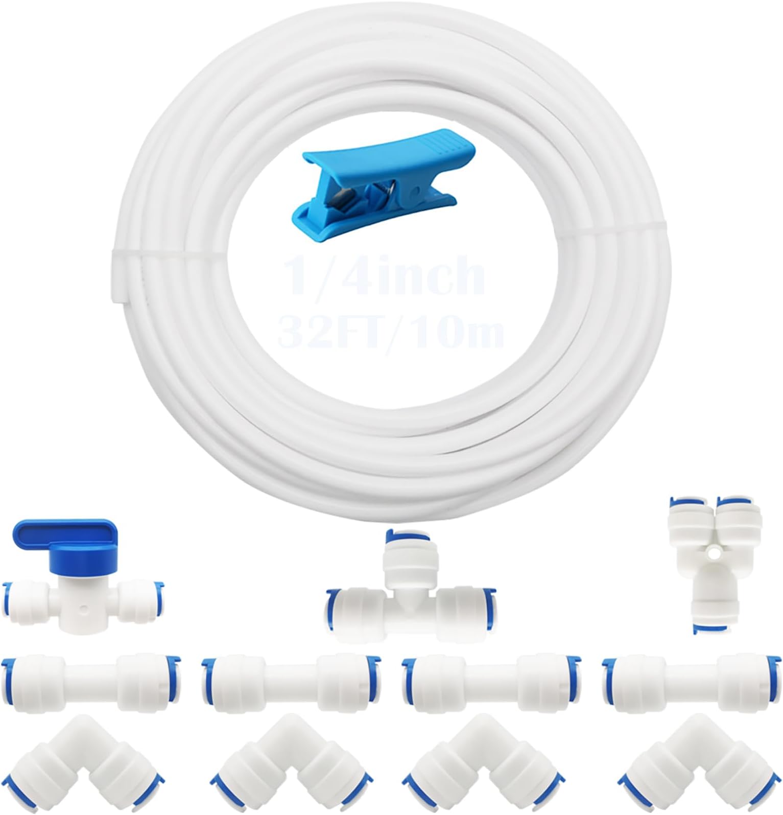 CESFONJER RO Water Filter Fitting, 1/4" Pushfit Straight Connector for Water Pipe (Y+T+I+L Type Combo + Shut-Off Valve), 10 Metres of 1/4" / 6.3mm Diameter Tube