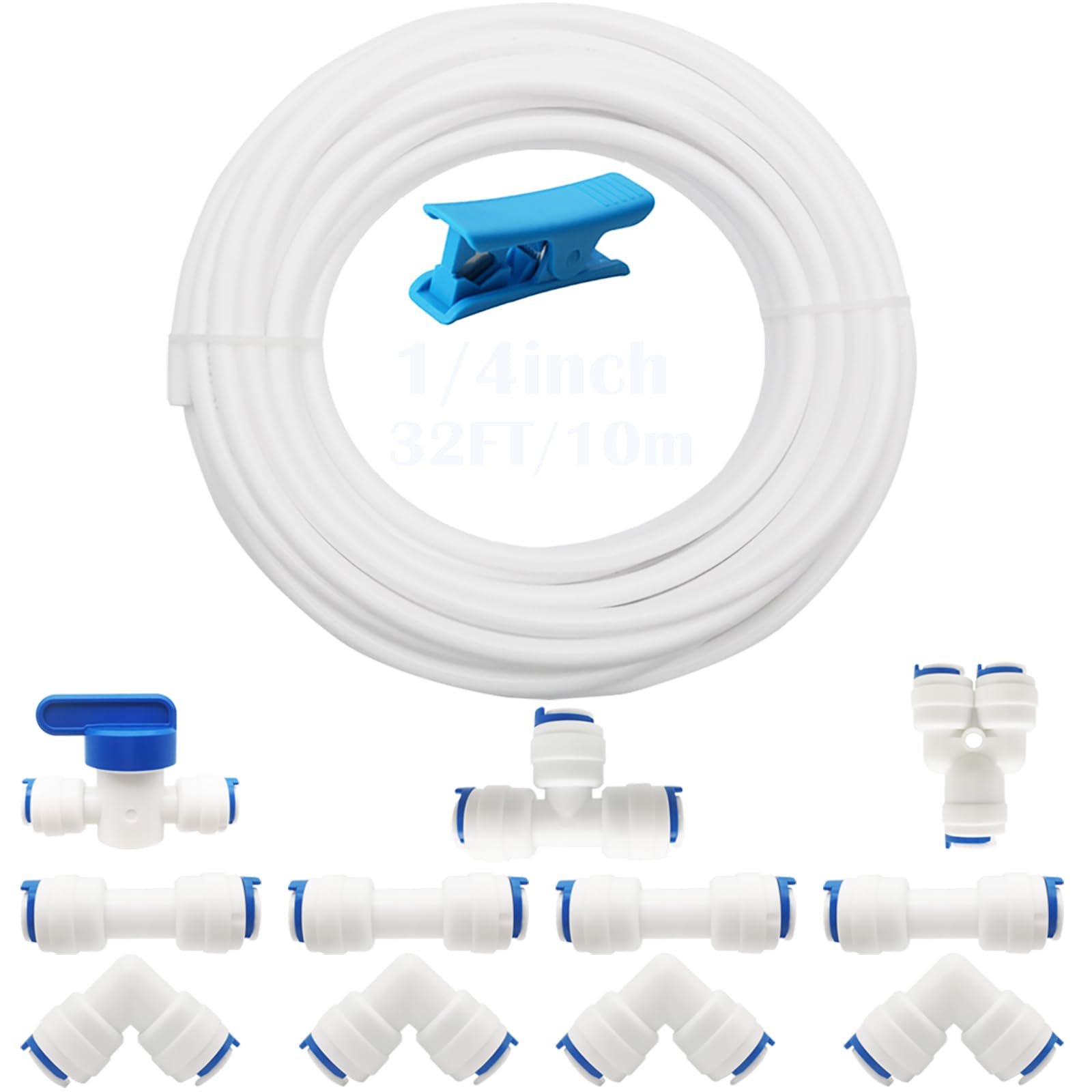 CESFONJER RO Water Filter Fittings, 1/4" Push Fit Straight Connector for Water Pipe (Y+T+I+L Type Combo + Shut-off Valve), 10 Meters 1/4" /6.3mm Diameter Tube