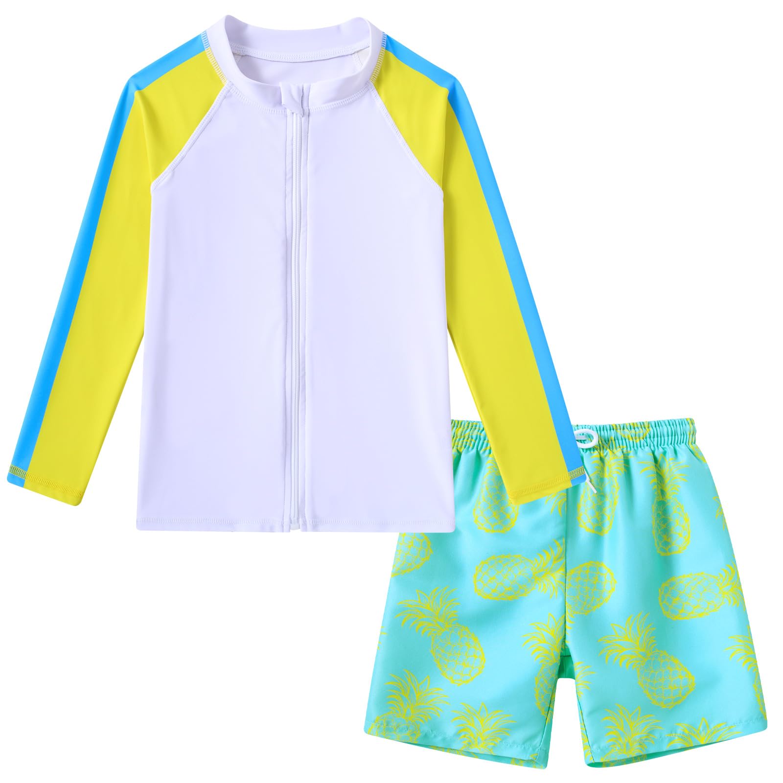 Boys Two Piece Swim Set Zipper Rash Guard Swimsuits Long Sleeve Bathing Suit for 4-12 Years