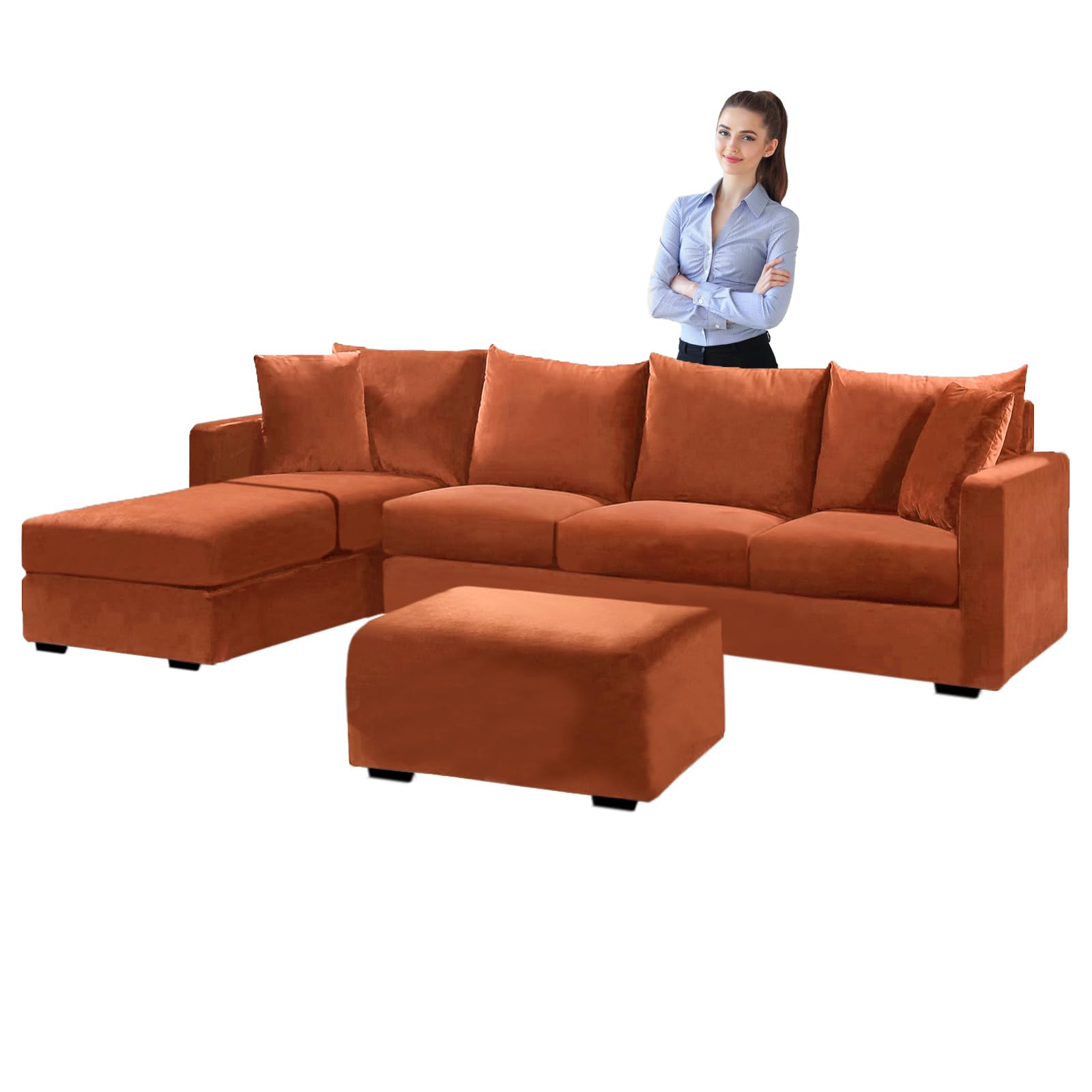 SYLC Velvet Sofa Covers L Shape, Stretch Corner Sofa Cover with Cushion Covers, Couch Cover Friheten Cover for U Sectional Sofa (Orange,Cushion Square-S)