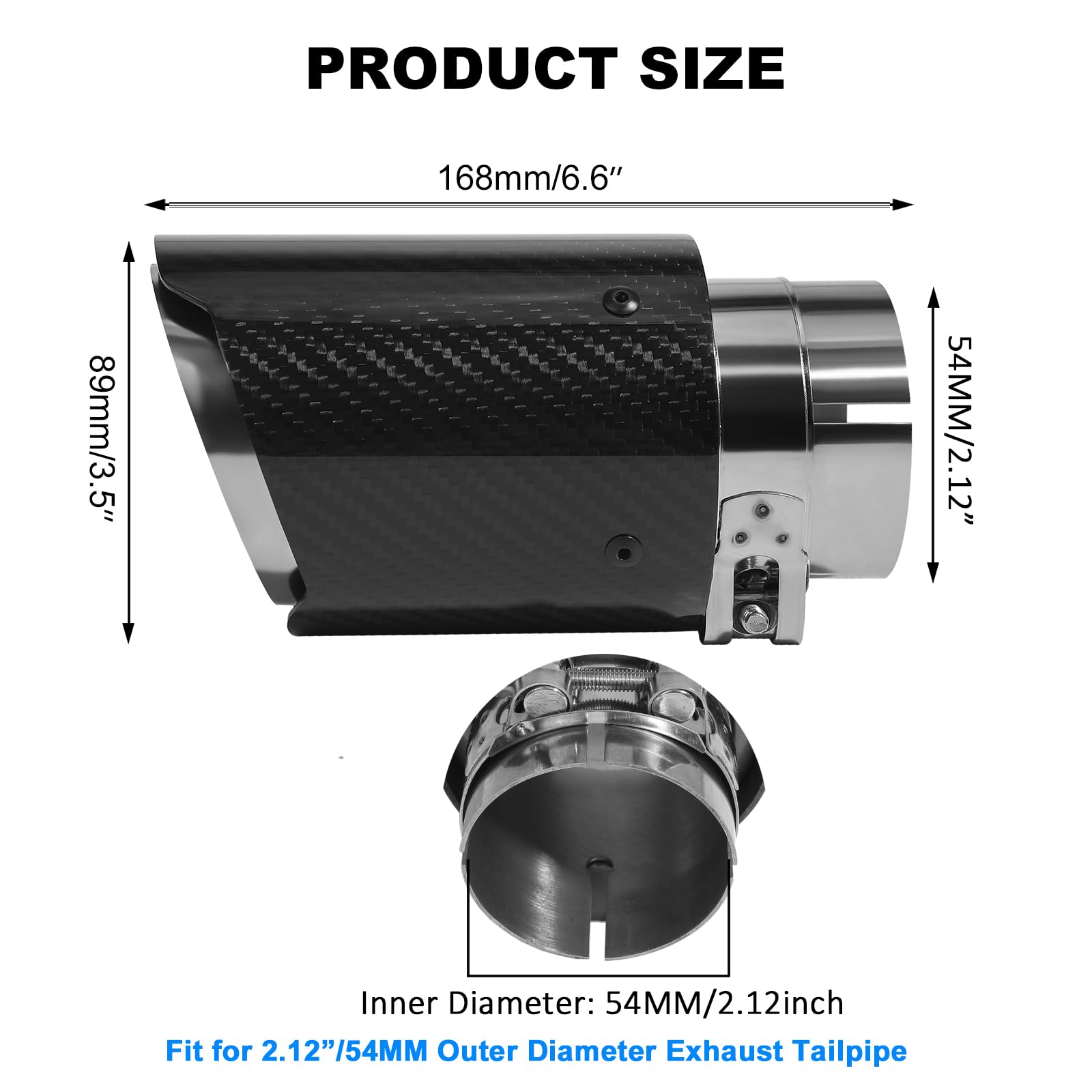 Punte di Scarico da 54 mm Terminale di Scarico per Auto in Acciaio Inossidabile e Fibra di Carbonio Lucida, Ingresso 2.1 "Uscita 3.5" (89 mm) (Singola punta-Nero Argento Lucido-54mm)