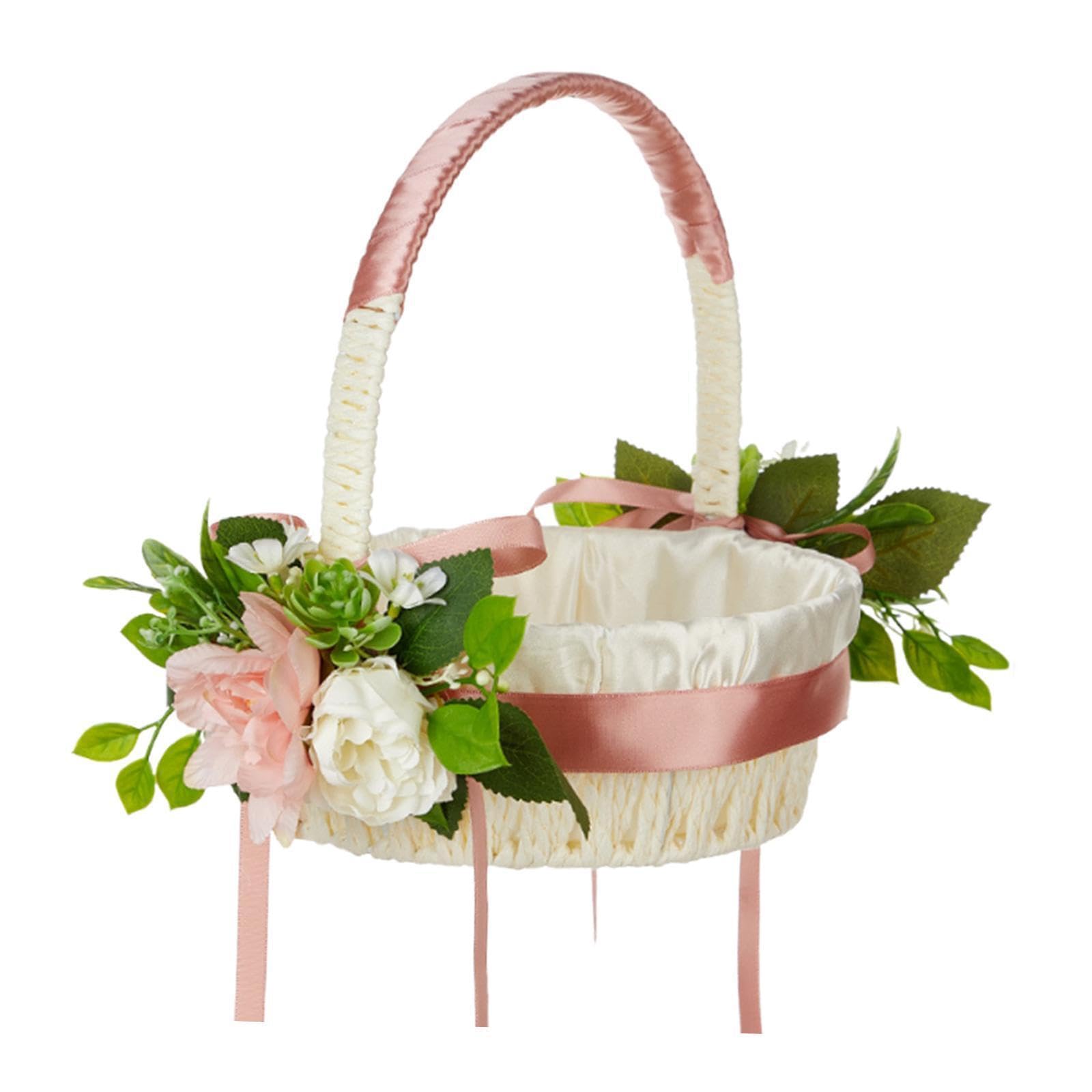 KTUXZCI Wedding Basket With Ribbons Comfortable Polyester Lightweight Rustic Flower Girls To Hold Flowers And Rose Petals Satin Flower Basket Wedding Party, Pink, 30x24cm