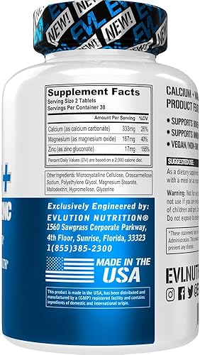 Miniatura 2 de Evlution Nutrition Calcio + Magnesio + Zinc - Hueso + Apoyo a la salud muscular - Suplemento inmunológico + sueño - Vegano + sin OMG - 30 porciones