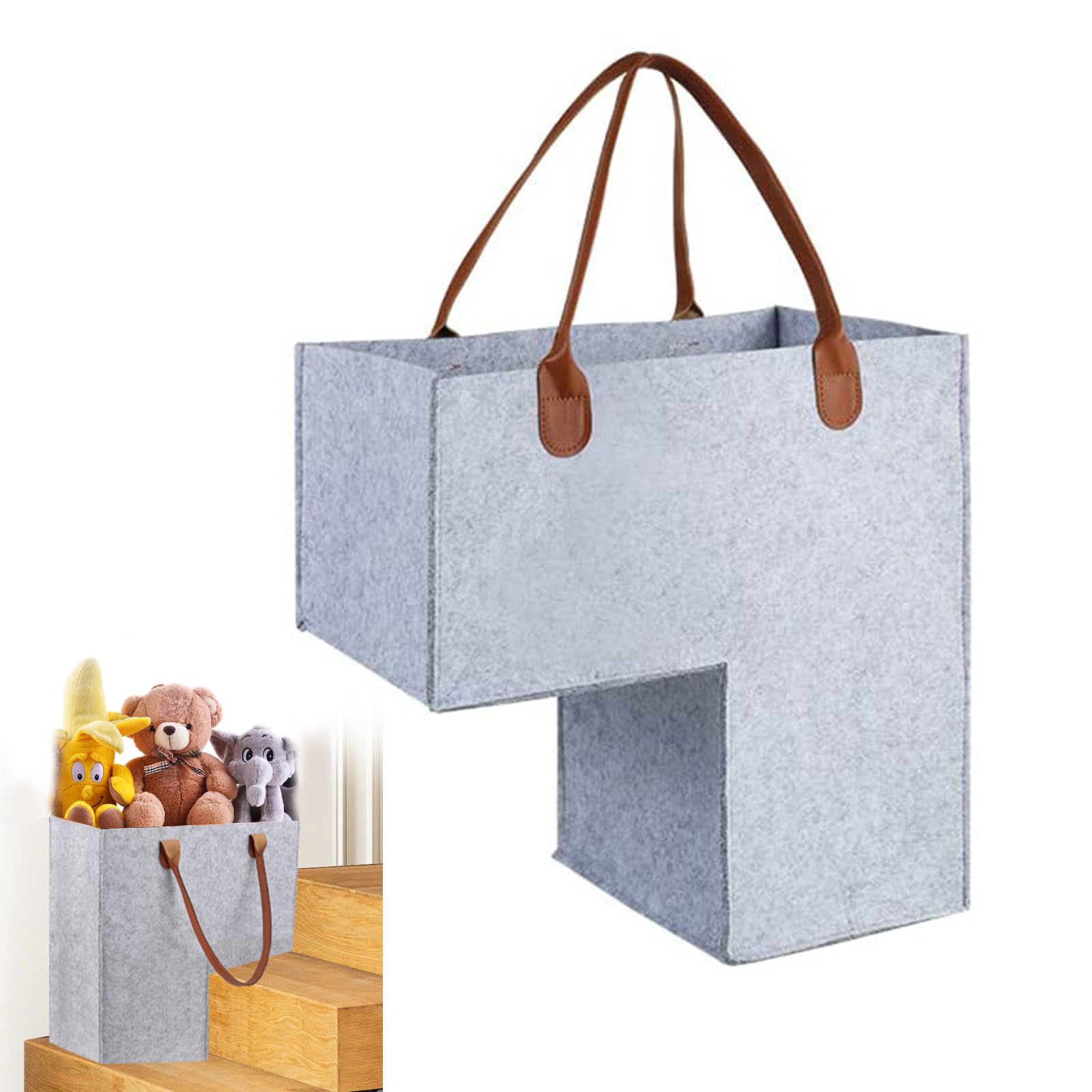 Cesta para escaleras, cesta de fieltro para escalones, organizador de escaleras en forma de L, cesta para escaleras con asas, cesta plegable para escalones, elegante almacenamiento con práctico mango