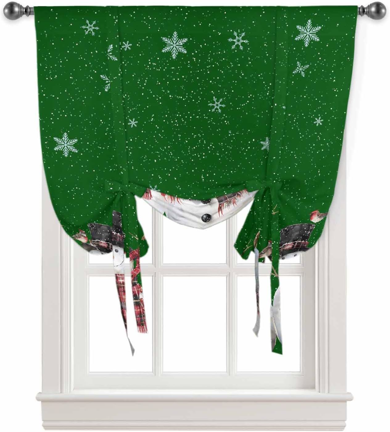 Tie Up Curtains for Kitchen Windows,Christmas Snowman with Scarf Hat Adjustable Balloon Shade Curtain Panel Rod Pocket Drapes for Small Window Decor 42"Wx63"L,Winter Snowflake Bird on Green