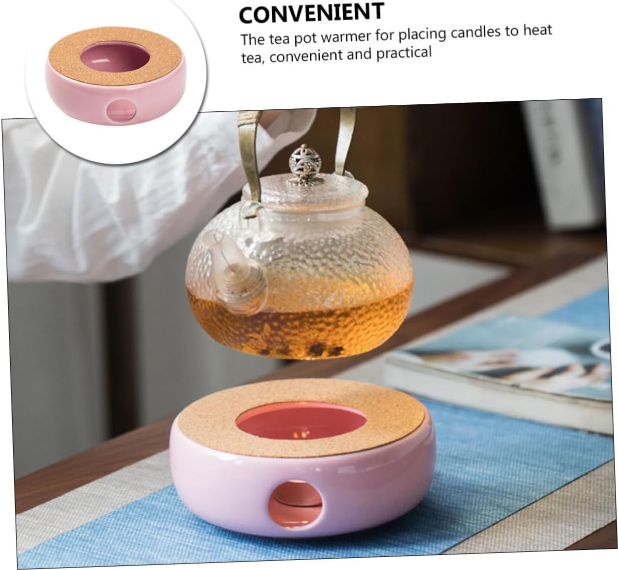 Ceramic Teapot Warmer Heater with Ventilation Portable Lightweight Tea Stove Base for Household Use and Desktop Decoration in Pink Purple