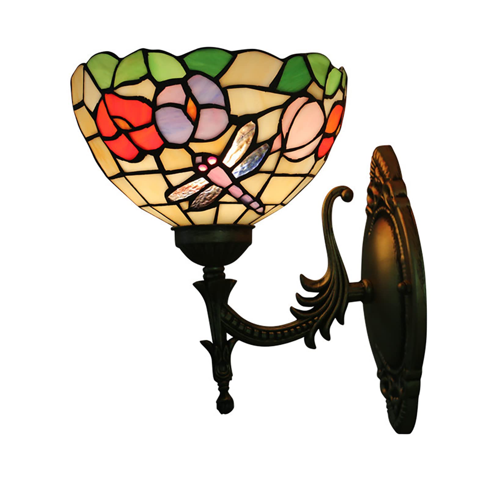 NHPJFDC Antique Dragonfly Style Tiffany Wall Sconce, Pastoral Style 8 Inch Red Pink Wall Light For Stairway Bathroom Hallway Corridor, E27