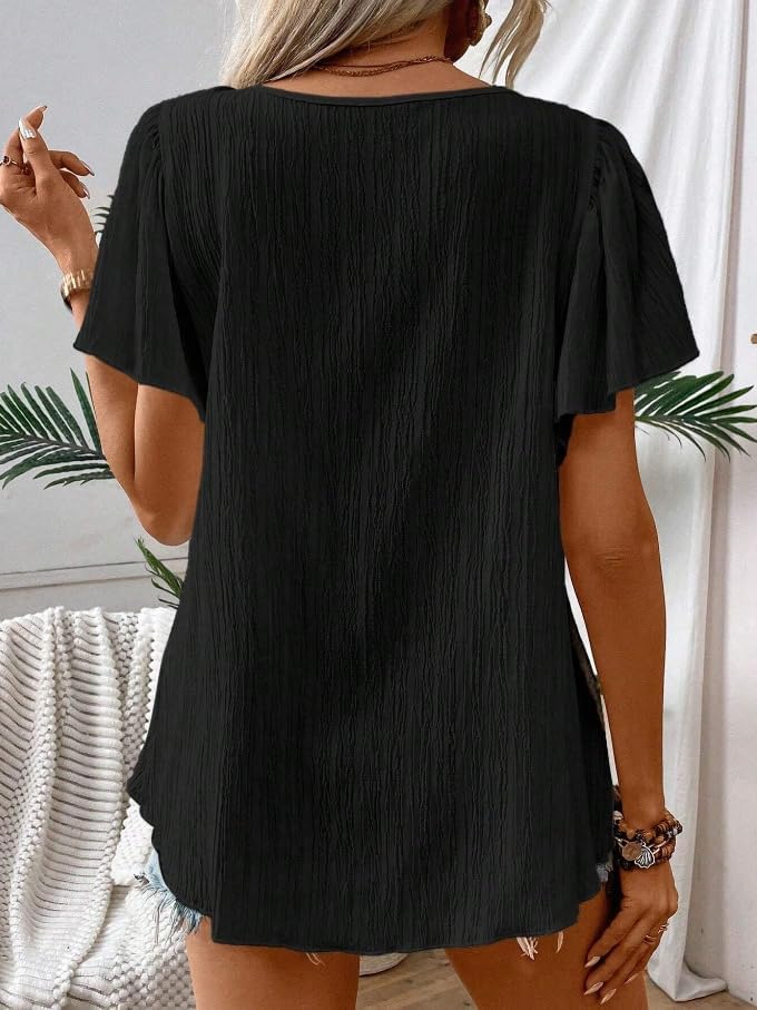 Melliflo Womens Summer Boho Floral Crochet Ruffle Short Sleeve Shirts Hollow Out Square Neck Tops Dressy Casual Blouse - Image 2