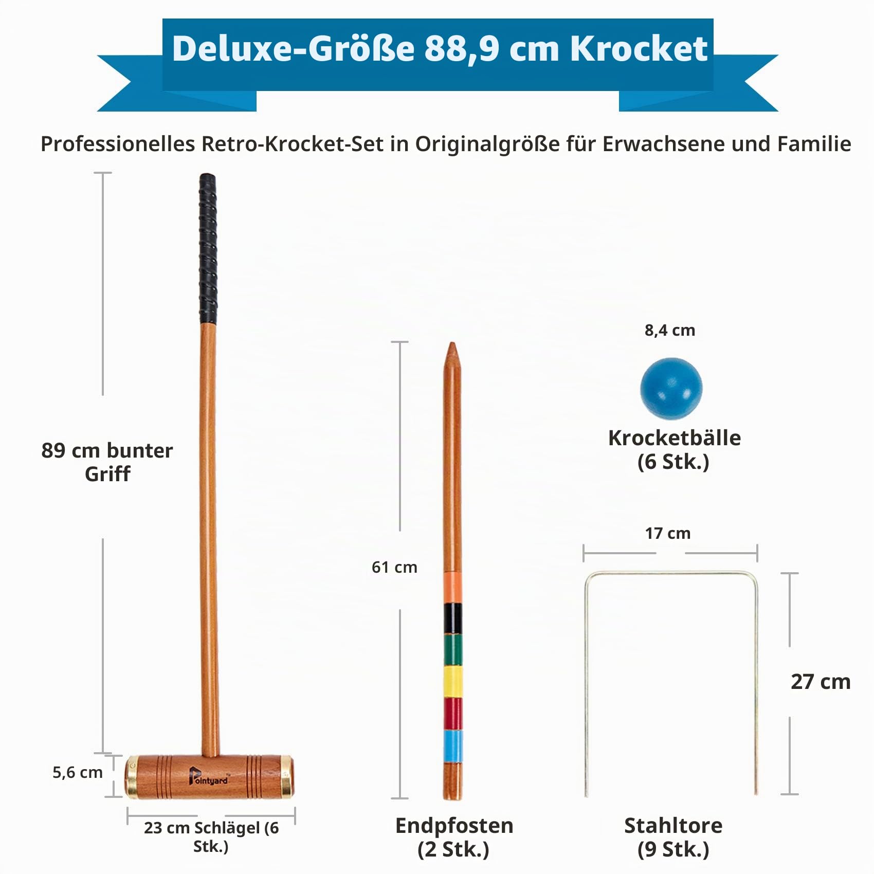 Krocket-Set für 6 Spieler, Deluxe-Krocket-Set mit Holzschlägeln, farbigen Kugeln, Wickets, Heringen Erwachsene/Jugendliche/Familie, perfekt Rasen/Hinterhofspiel/Park (inkl. Tragetasche)