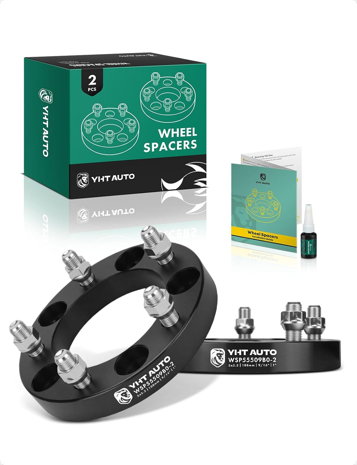 YHTAUTO 5x5.5 Wheel Spacers 1 Inch Compatible with Chrysler Dodge RAM Models, Aspen Dakota Durango, 5x139.7mm Tire Spacers w/ 9/16" & 12.9 Grade Studs,108mm Center Bore 5 Lug 2PCS Black Spacer