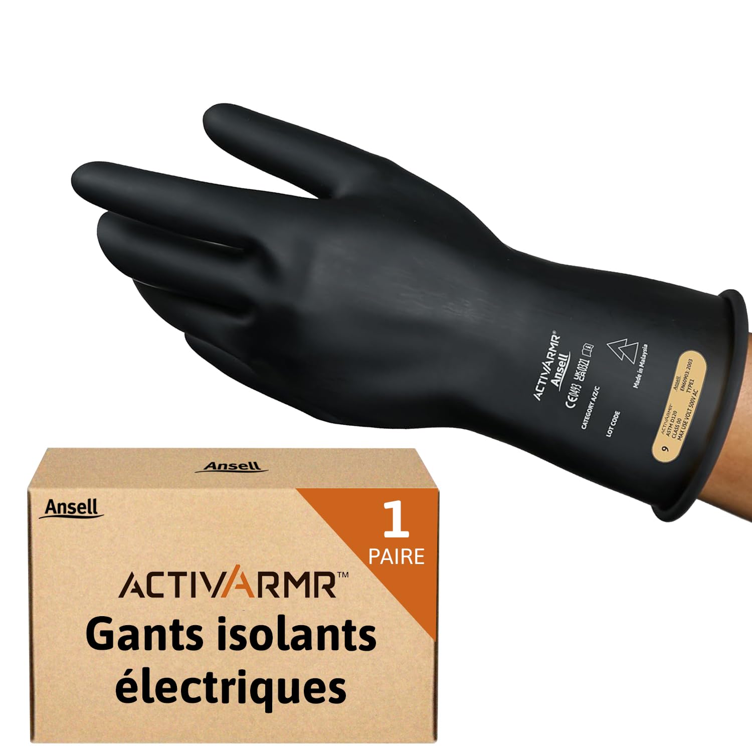 Ansell ActivArmr RIG011B, Gants de protection en caoutchouc, Gants latex noir flexibles et durables, Protection contre les éclairs d'arc, Gants électriciens, Gants de travail 2XL, Noir, 1 paire