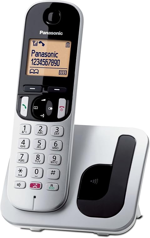 Panasonic KX-TGC250JTS Telefono Cordless Digitale, Unità Base e Ricevitore Singolo, ID Chiamante, Blocco Chiamate Indesiderate, Vivavoce, Modalità Eco One Touch, Sveglia Evoluta, Display LCD, Argento
