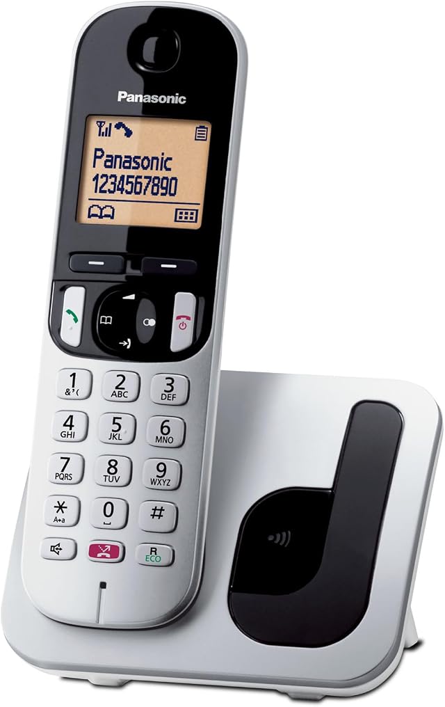 Panasonic KX-TGC250JTS Telefono Cordless Digitale, Unità Base e Ricevitore Singolo, ID Chiamante, Blocco Chiamate Indesiderate, Vivavoce, Modalità Eco One Touch, Sveglia Evoluta, Display LCD, Argento