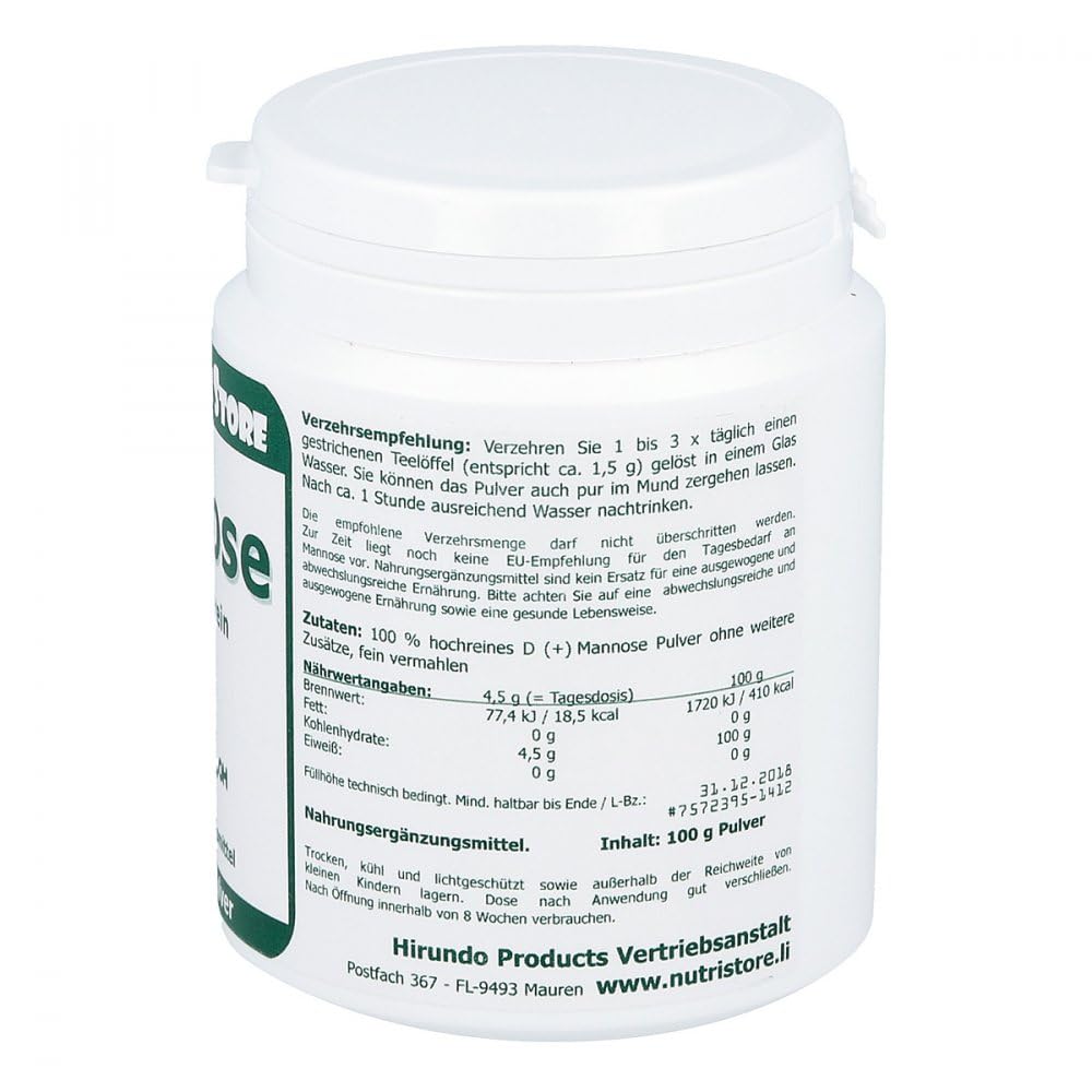 Mannose 100% rein Pulver 100 g - D-(+)-Mannose pur ohne Zusätze - 1,5 bis 4,5 g pro Tagesdosis - The Nutri Store - Made in Germany