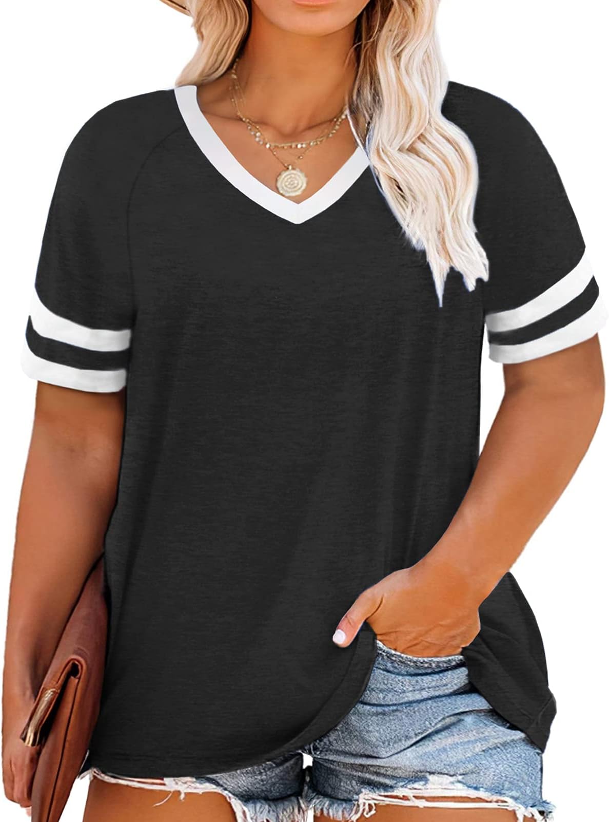 VISLILY Womens Plus-Size Tops Summer V Neck T Shirts Striped Short Sleeve Tee