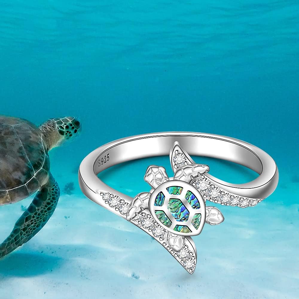 Turtle Ring Sea Turtle Abalone Shell Ocean Wave Rings for Women Sterling Silver Animal Good Luck Mothers Day Longevity Gifts Size 6 7 8 9 10