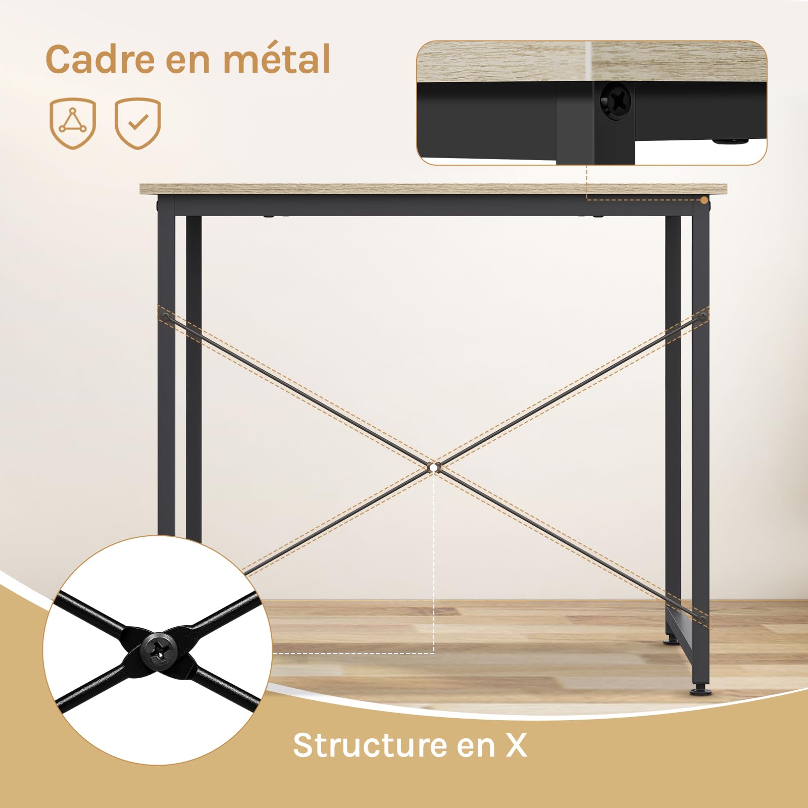 WOLTU Bureau d'Ordinateur, Table Informatique, 80x60x70cm, Chêne Clair+Noir | avec Piétement Métallique, pour Bureau, Salon, Chambre, en Bois Composé