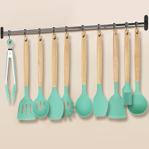 Miniatura 7 de Juego de utensilios de cocina, 12 piezas de herramientas de cocina de silicona con soporte, verde menta, asas de madera, verde