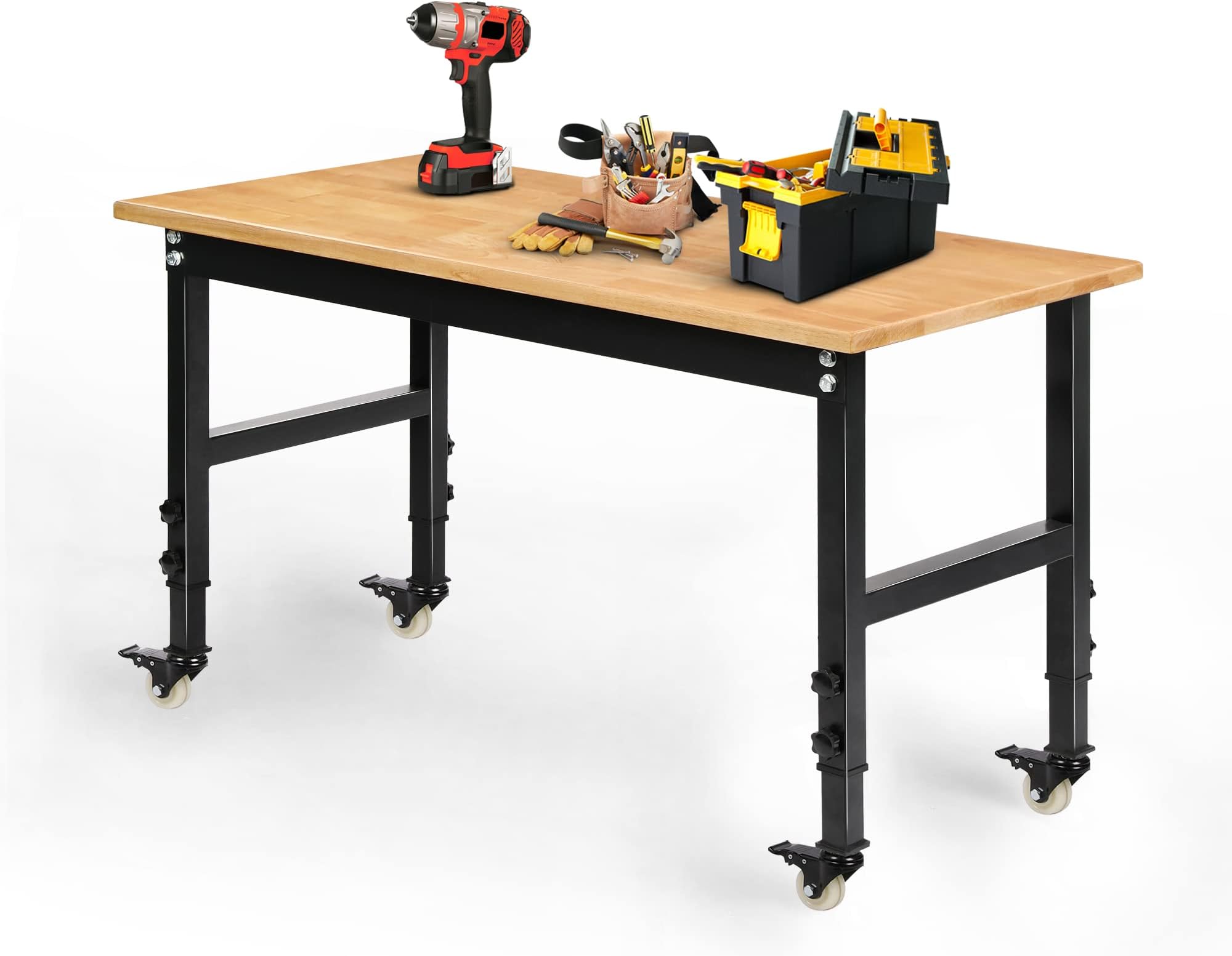 Betterhood 48" Heavy-Duty Adjustable Workbench for Garage, Rubber Wood Shop Table,Hardwood Workstation Weight Capacity Over 1500 Lbs with Wheels