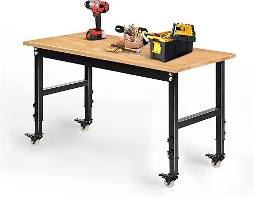Banco de trabajo ajustable resistente de 48 pulgadas para garaje, mesa de taller de madera de goma con ruedas de metal, estación de trabajo de