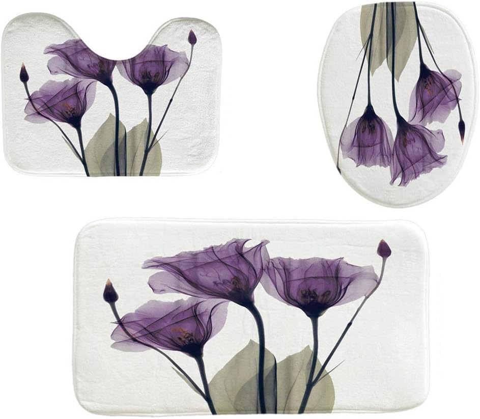 Toilet mats Set Fiaya 3Pcs /4PCS Floral Leaf Cactus Multicolor Polyester Bathroom Set Rug Contour Mat+Toilet Lid Cover +Plan Solid Color Bath Mats +Shower Curtain (3PCS, Purple Lotus)