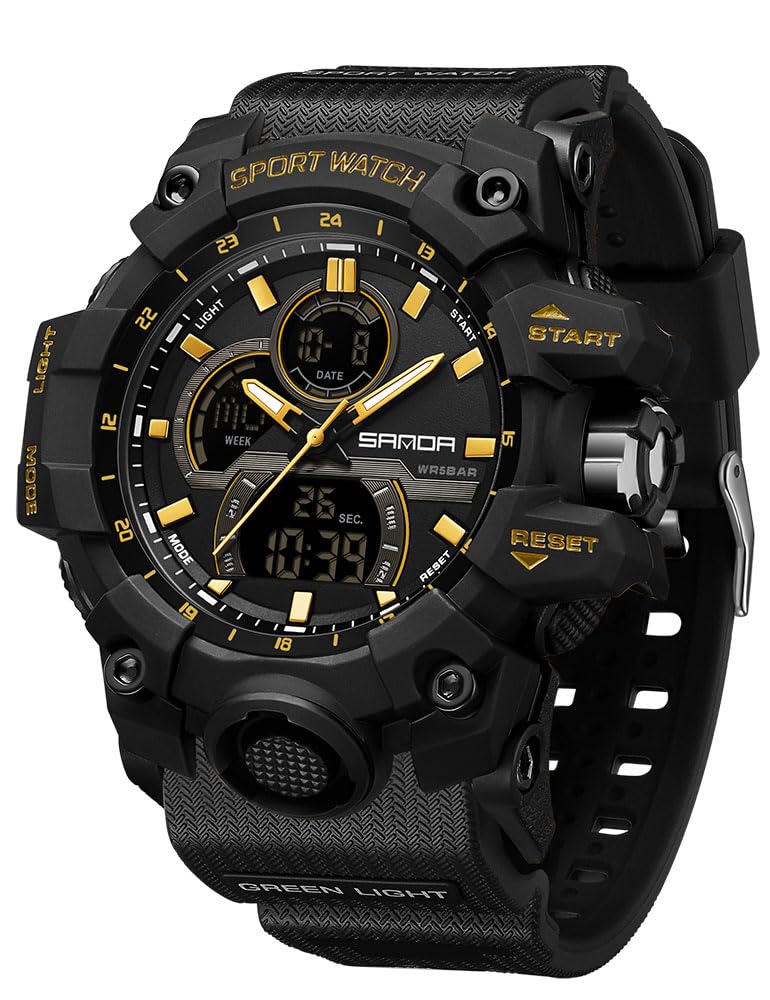 Fanmis Men's Solar Powered Casual Quartz Watch Digital & Analog Multifunctional Sports Watch Gold