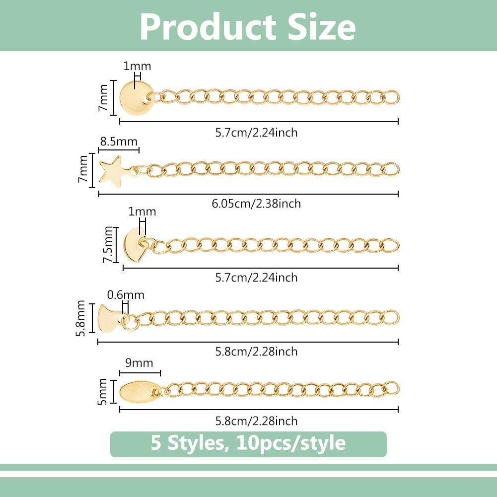 DICOSMETIC 50Pcs 5 Styles Necklace Chain Extender Stainless Steel Extension Chain Golden Tail Extender Chain Metal End Chain Curb Chain Extension with Heart Round Star Oval Charm for Jewelry Making