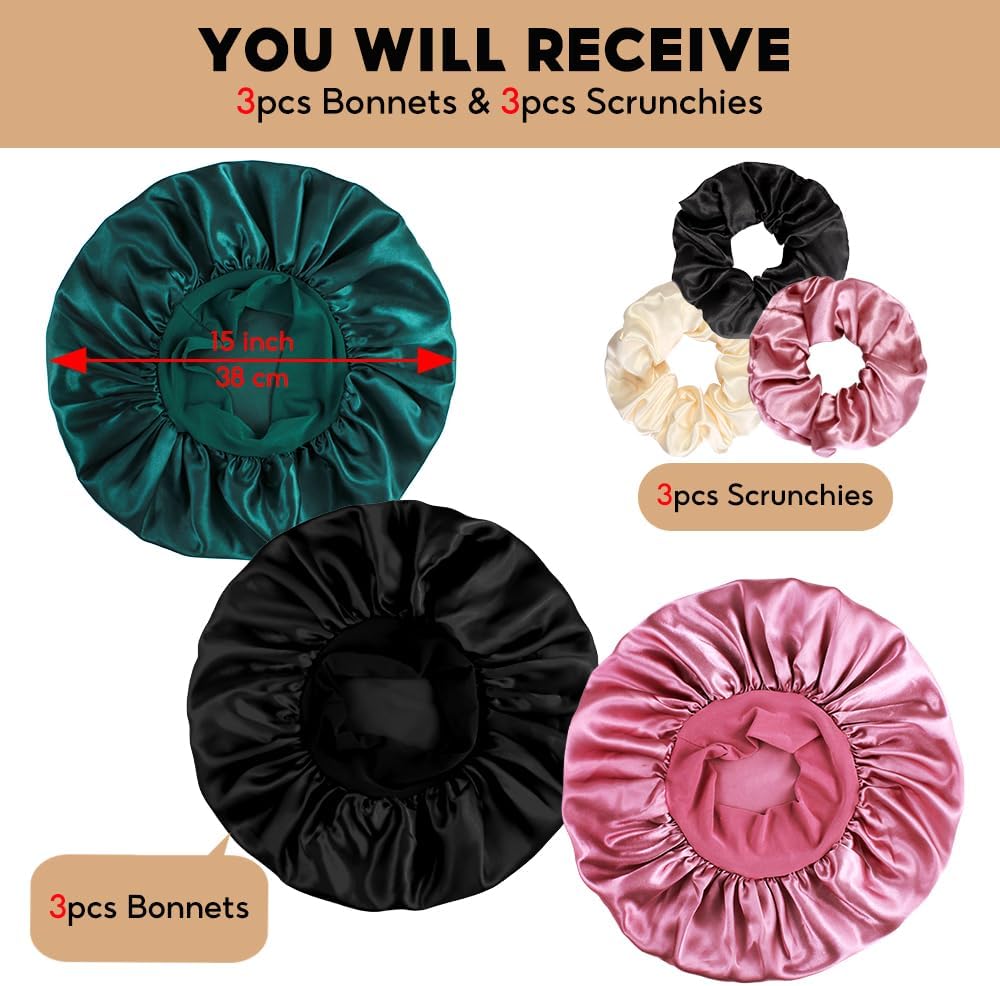 3+3 Large Satin Bonnets with Scrunchies for Women, Wide Band Hair Bonnet for Sleeping Braids Curly Hair - Image 2