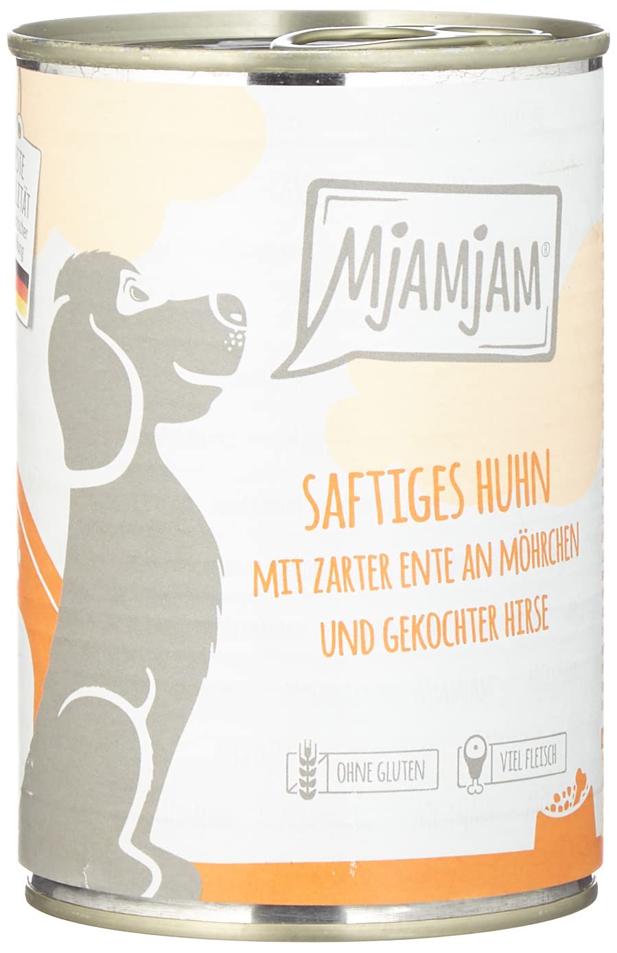MjAMjAM - comida húmeda premium para perros - Pollo jugoso con pato tierno sobre zanahorias y mijo hervido, pack de 6 (6 x 400 g), sin cereales con extra de carne