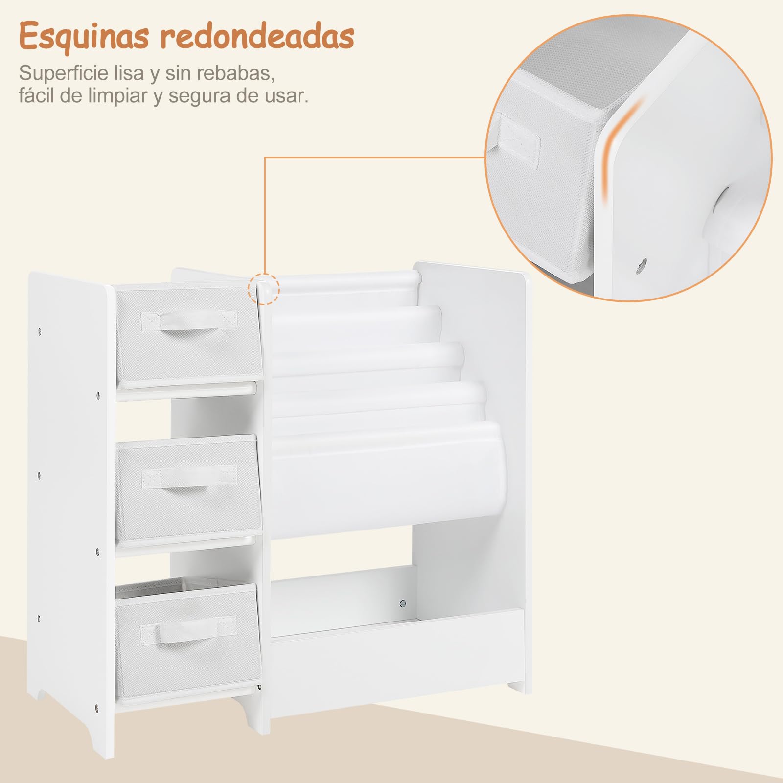 Lestarain Estantería Infantil, Organizador de Juguetes para Niños, 2 en 1 Estantería de Madera con 3 Cajas de Almacenaje, 4 Zonas Colgantes para Libros y 1 Estante, para Habitación Niños y Guardería