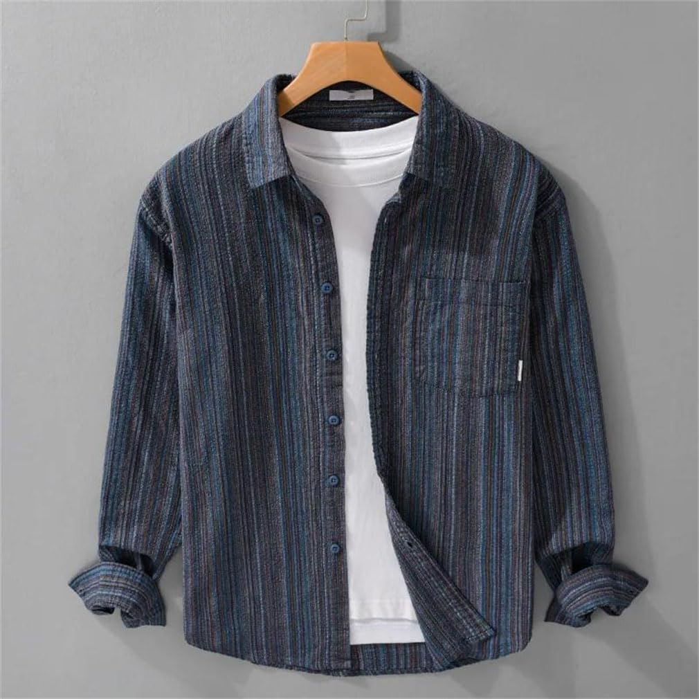 Men's Vintage Striped Long Sleeve Shirts Male Casual Workwear Tops Lapel Button Up Shirt
