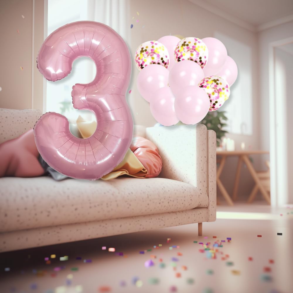 32-teiliges Luftballon-Set Für Den 3. Geburtstag – Rosa, Mit Riesen-Zahl 3, Konfetti & Wimpelkette
