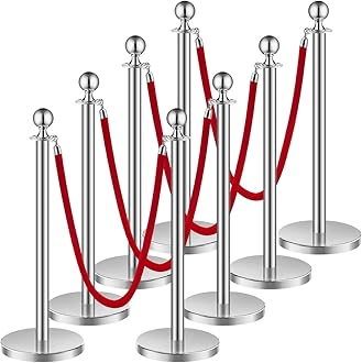 VEVOR Stanchions and Velvet Ropes 8Pcs, Hollow Base with Stainless Steel Post, 4 Red Velvet Ropes and Posts, Crowd Control Barriers Silver Stanchions, Red Carpet Runner Poles for Party Supplies
