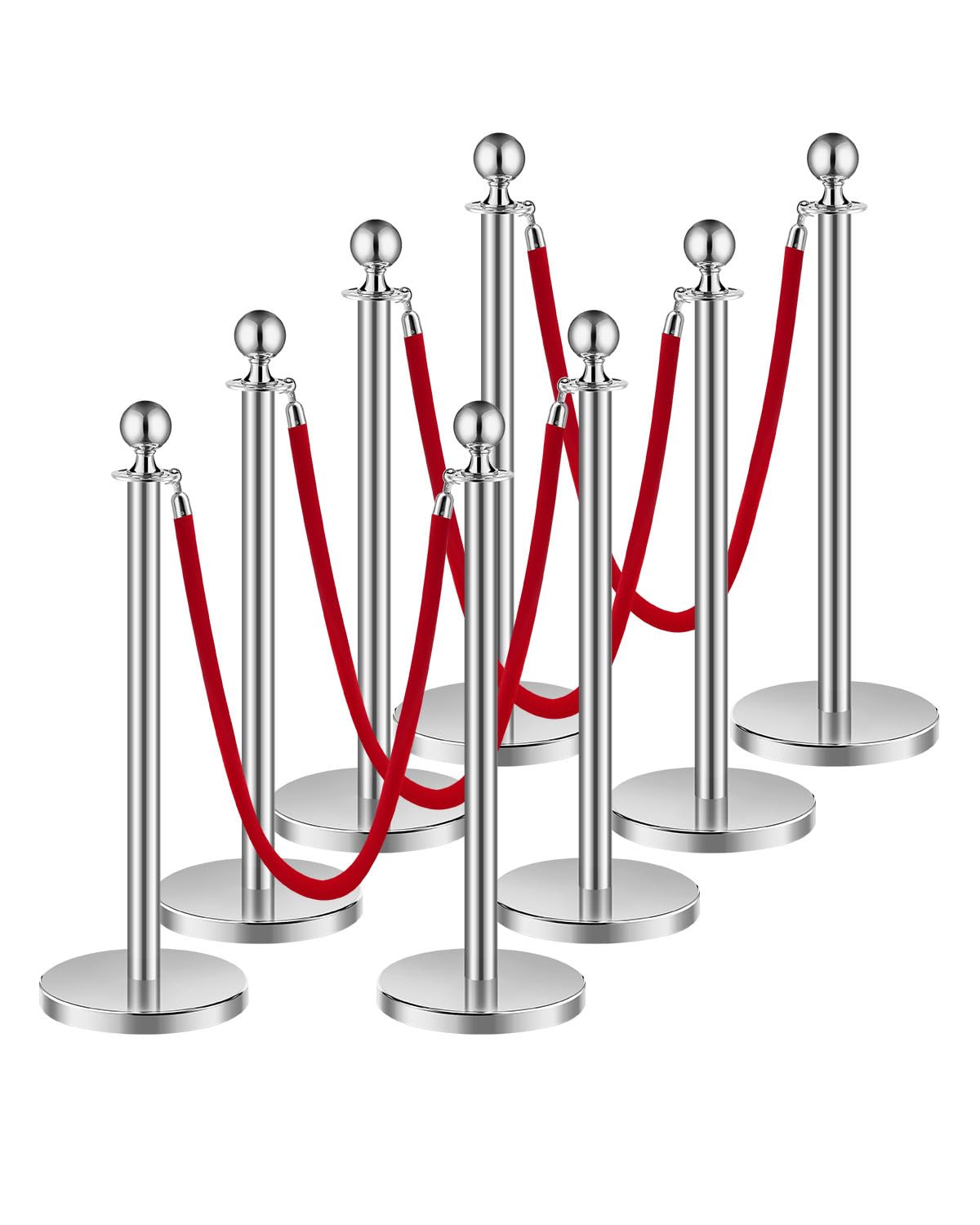 VEVOR Stanchions and Velvet Ropes 8Pcs, Hollow Base with Stainless Steel Post, 4 Red Velvet Ropes and Posts, Crowd Control Barriers Silver Stanchions, Red Carpet Runner Poles for Party Supplies