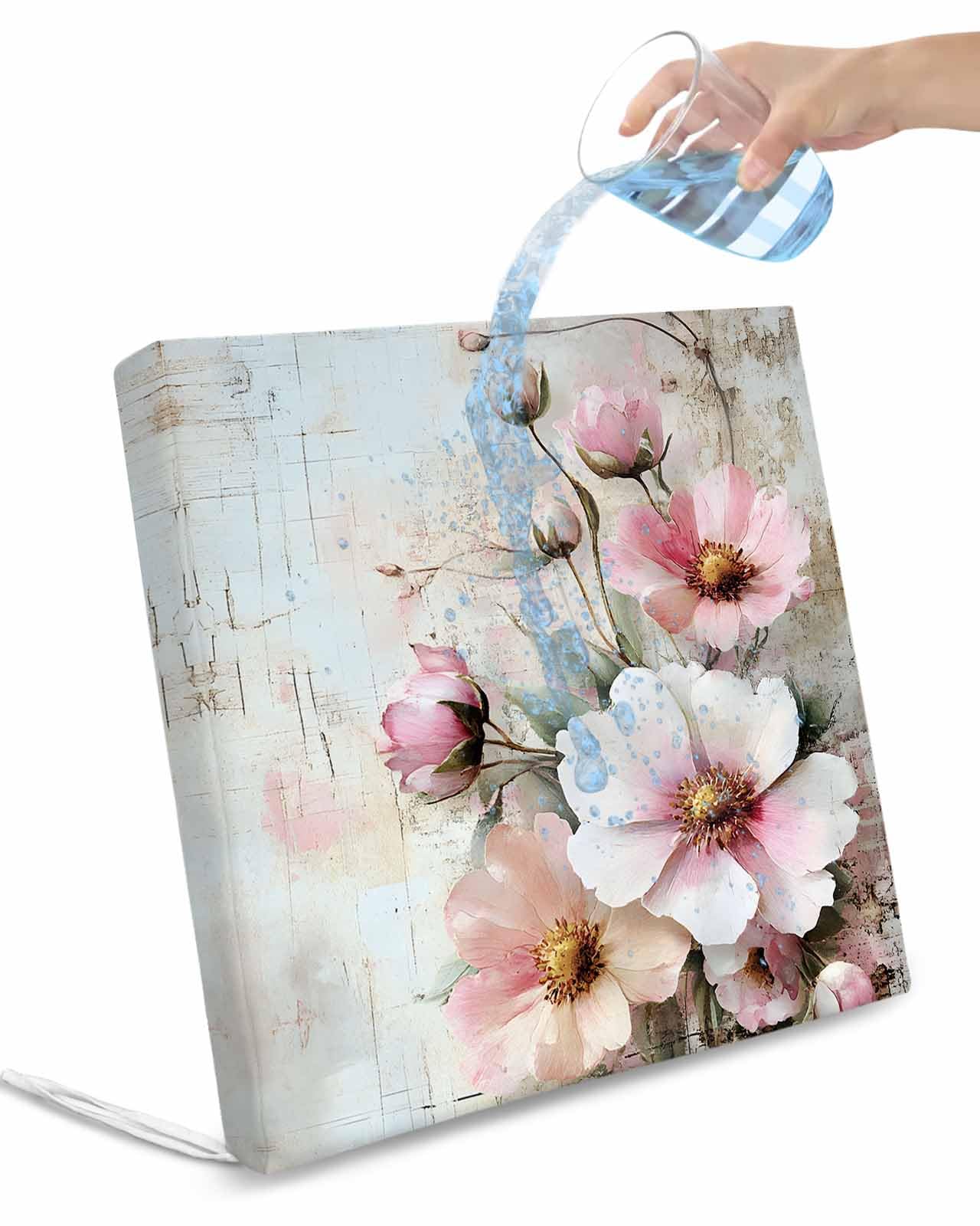 2 Pack Pink Spring Floral Waterproof Cushion Covers with Ties, Outdoor Patio Chaise Lounge Chair Seat Cushion Slip Covers Replacement(Only Cover) Vintage Botanical Retro Flowers 20