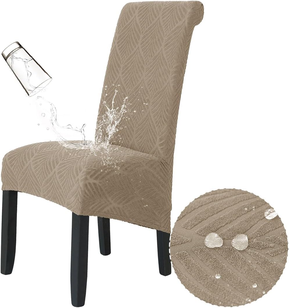 Waterproof Chair Covers for Dining Room Set of 4 Stretch XL/Oversized Extra Large Dining Chairs Cover Jacquard Parsons Chair Slipcover for Home Restaurant Banquet, Sandy
