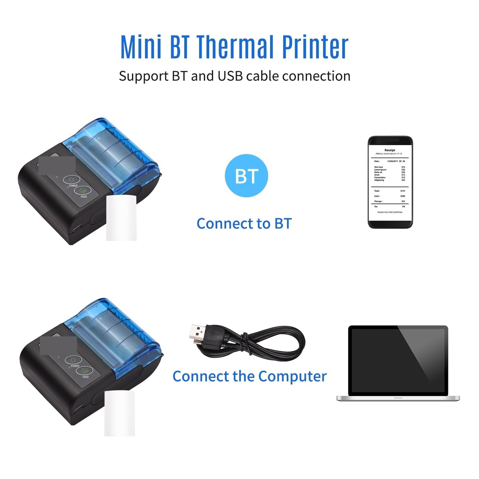 Termiczna Drukarka Etykiet Termiczna Drukarka Etykiet 203 DPI Przenośna Mini Drukarka Termiczna 2 Cal Bezprzewodowa Drukarka Paragonów BT USB Z Papierem 58mm