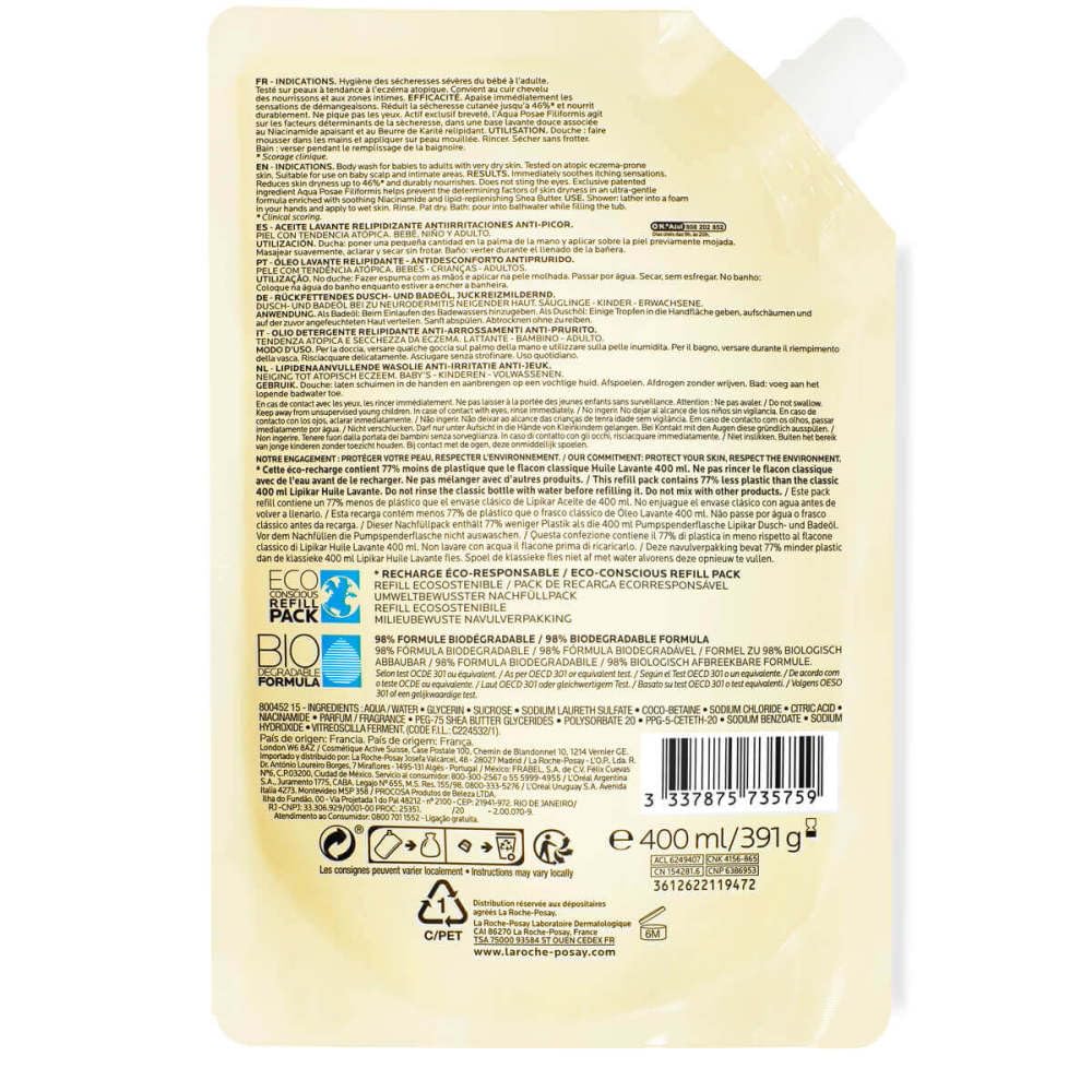 La Roche-Posay - Lipikar Huile Lavante AP+ - Recharge Huile de Douche Anti-irritation et Anti-grattage - Peaux sèches à Tendance Atopique et Eczéma - A Base de Beurre de karité et Niacinamide