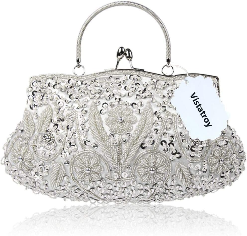 Floral Designer Evening Bag Beaded Sequin Design Vintage Kissing Lock Satin Clutch Purse Bag Wedding Party Clutch - Image 2