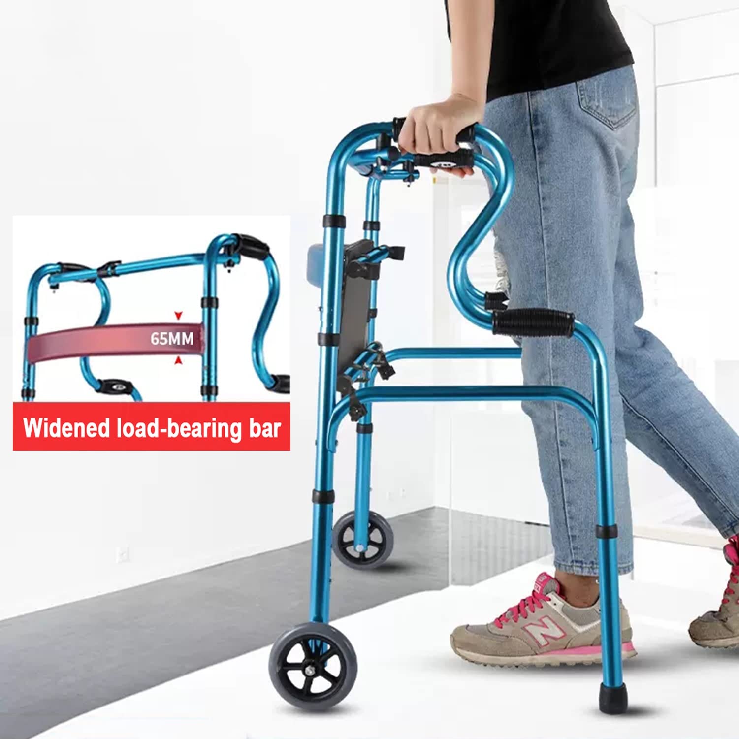Andador plegable con ruedas y asiento suave, andador de aluminio ligero para personas mayores, andador ajustable en altura para ayuda de movilidad y rehabilitación