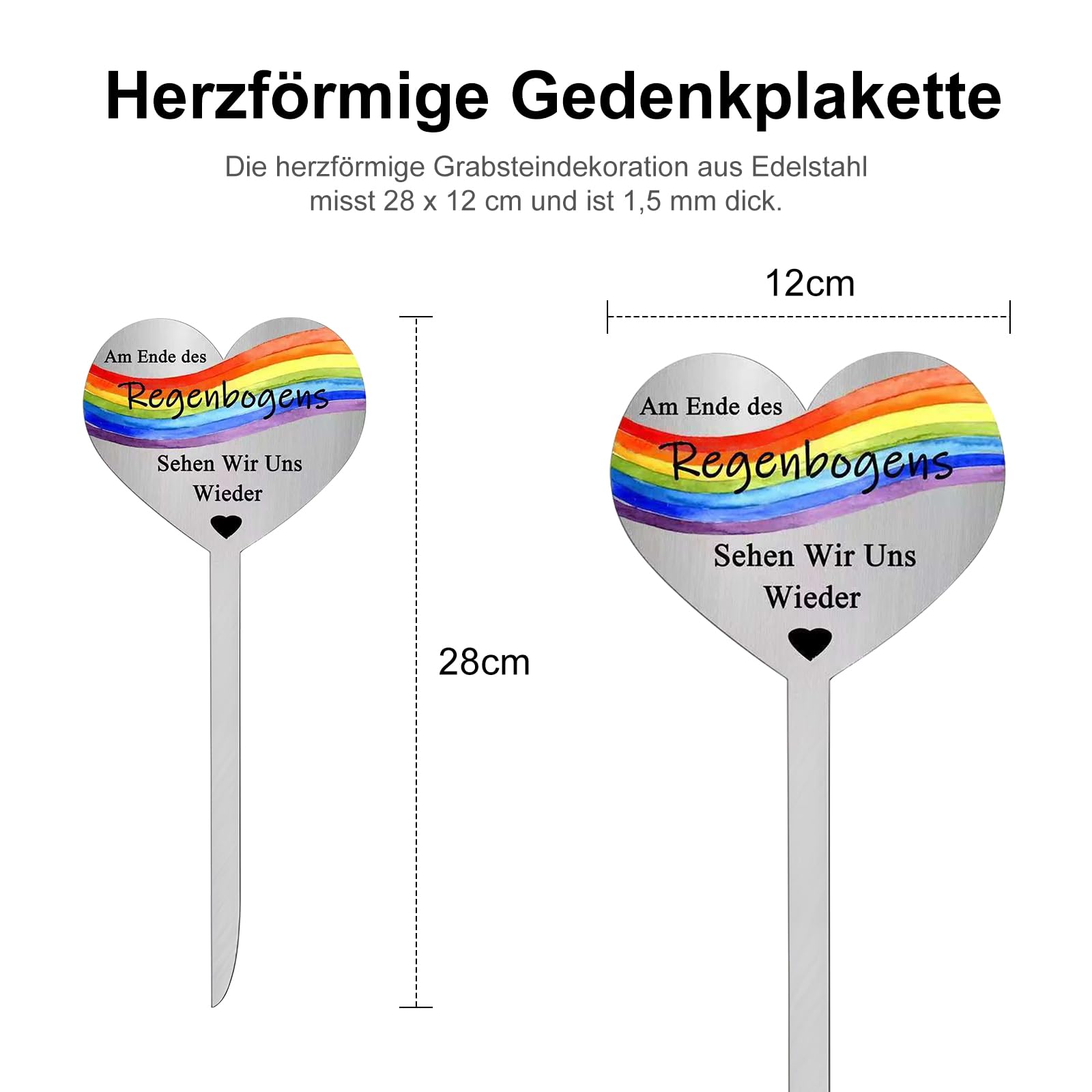 Produktbild von Cosswe Grabstecker Herz – Edelstahl Mit Spruch „Am Ende Des Regenbogens Sehen Wir Uns Wieder“, Grabdekoration Wetterfest