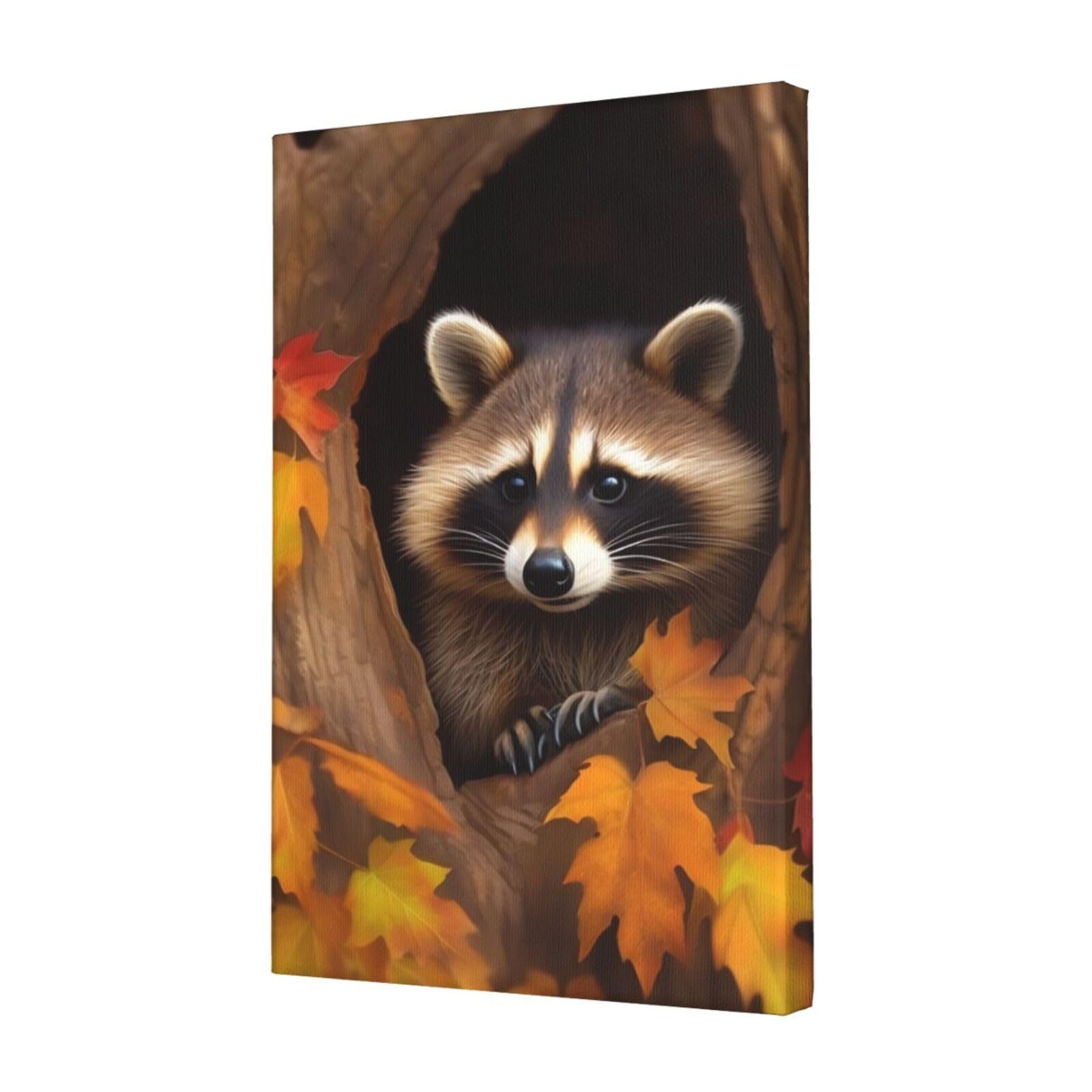KLOPH Raccoon in The Fall Tree Hole Canvas Wall Art for Living Room 12"x18" Modern Artwork Painting for Bathroom Hanging Canvas Prints Aesthetic Wallart for Bedroom Kitchen Office Wall Decor