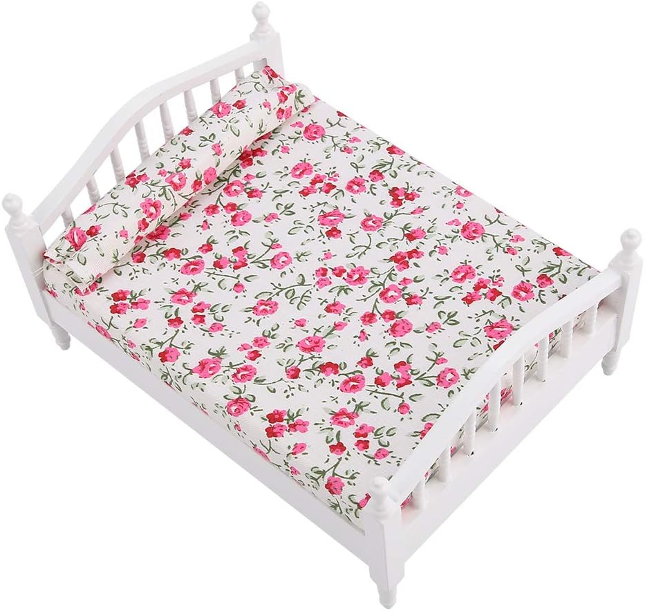 SPYMINNPOO Miniature Dollhouse Bed, Wooden Dollhouse Furniture 1/12