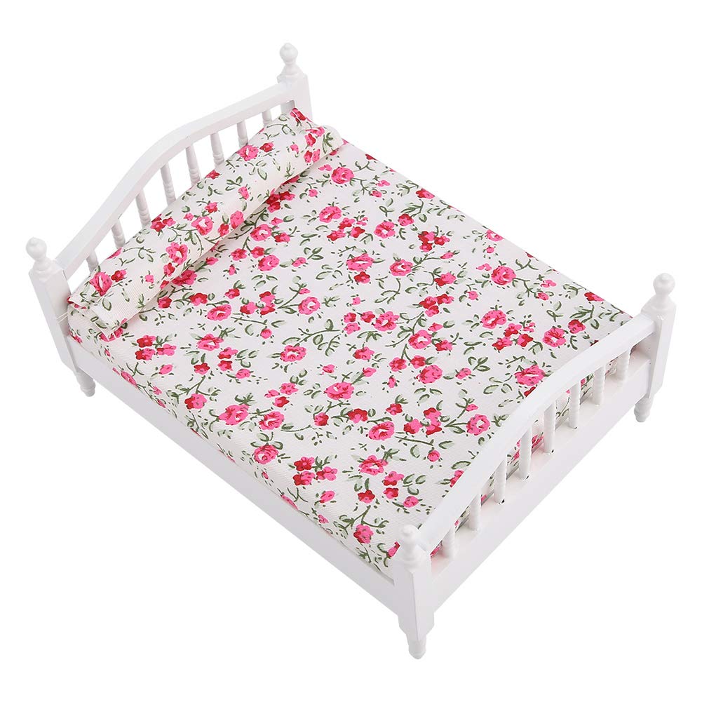 CHICIRIS Dollhouse Accessories Flower Pattern Mini Furniture Double Bed for 1/12 Scale Doll Children's Toys
