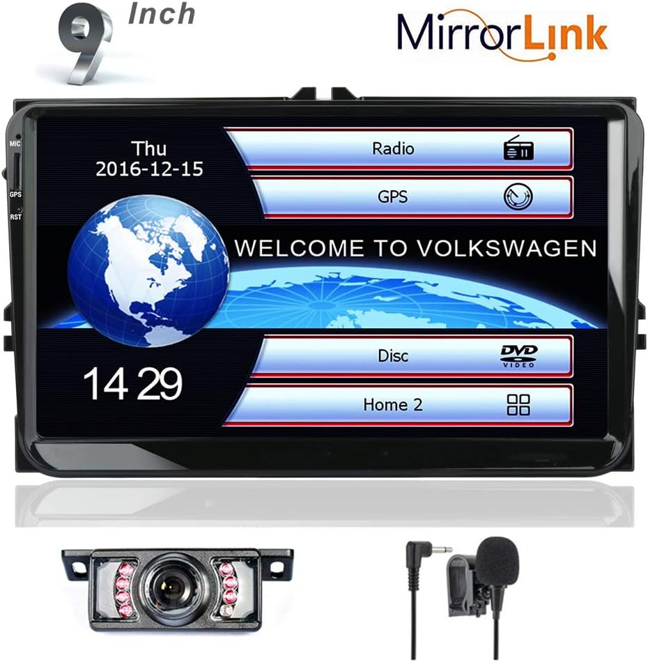 Car Stereo HD 9 Inch Double 2 Din GPS Navigation DVD auto Audio Video for VW Golf Passat Tiguan Polo Jetta Skoda Seat EOS+US Map+Camera+Mic Capacitive Screen